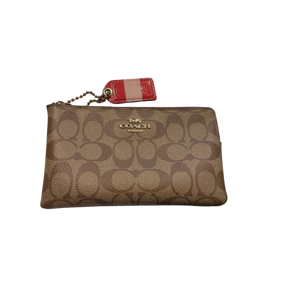 Coach Large Corner Zip Wristlet / Wallet Signature Canvas CS438 IM/Khaki Saddle
